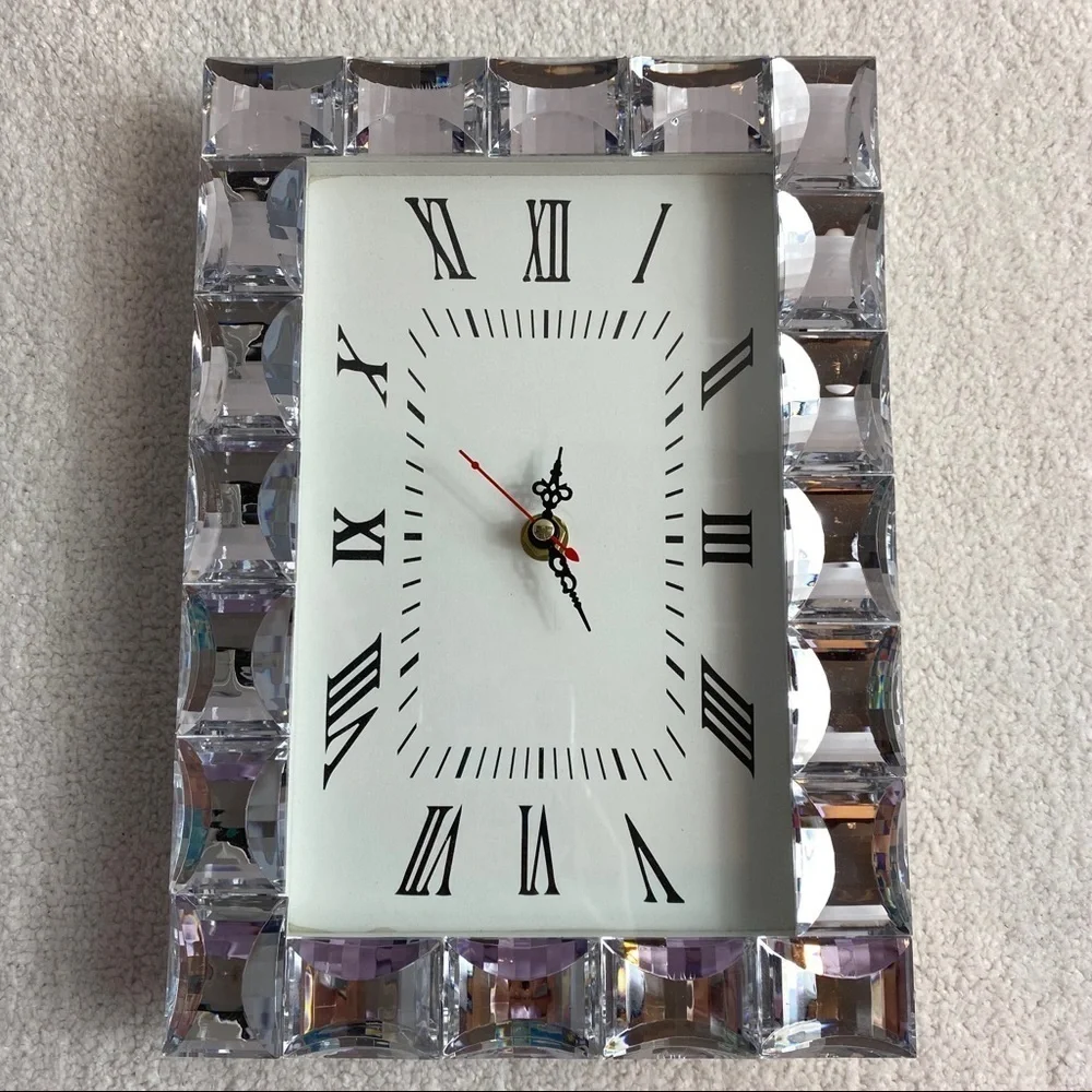 Modern Crystal-Edge Contemporary Clock Silver & White Luxe Home Decor